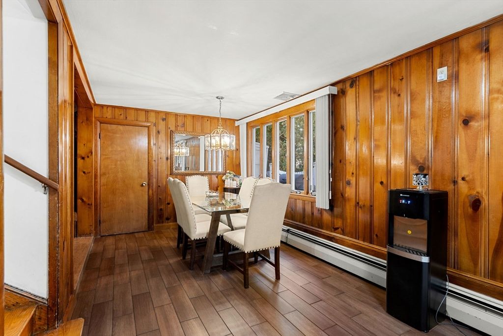 Dining room, Interior, Pendant Lights, Wood Texture Flooring, Wooden Walls
