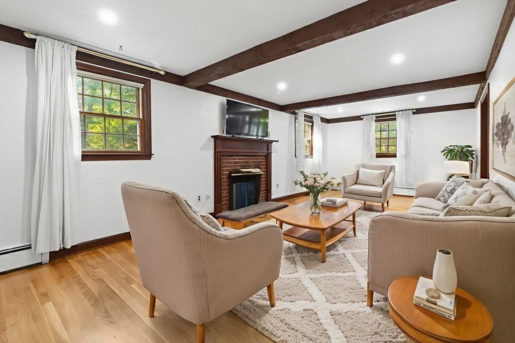 Fireplace, Interior, Living room, Recessed Lighting, Wooden Beams, Wood Texture Flooring