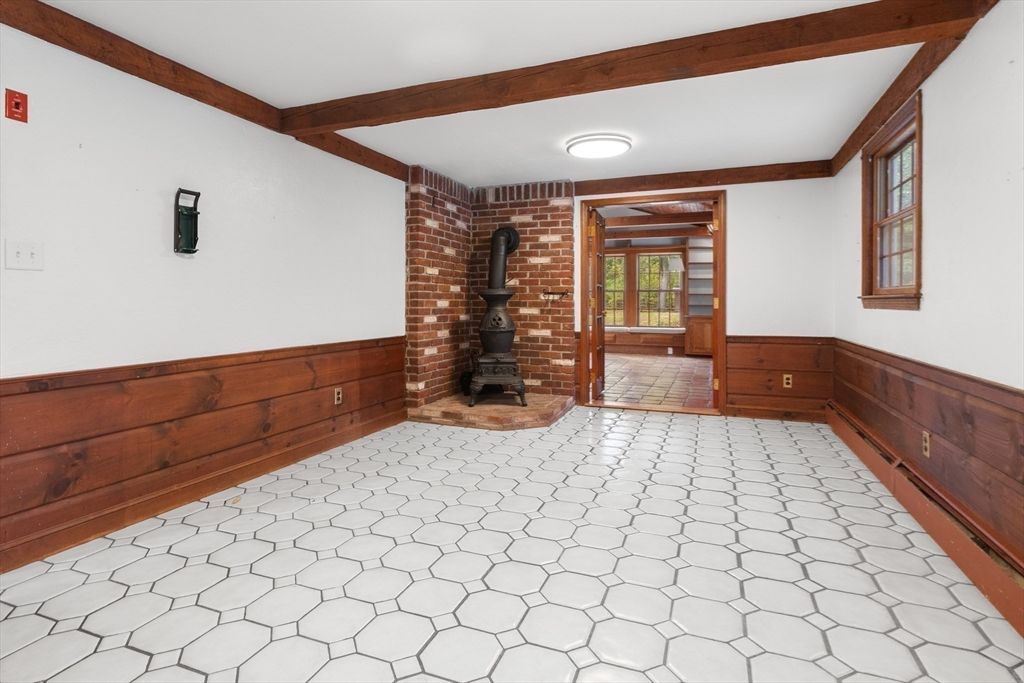 Empty room, Fireplace, Interior, Stone Walls, Wooden Beams