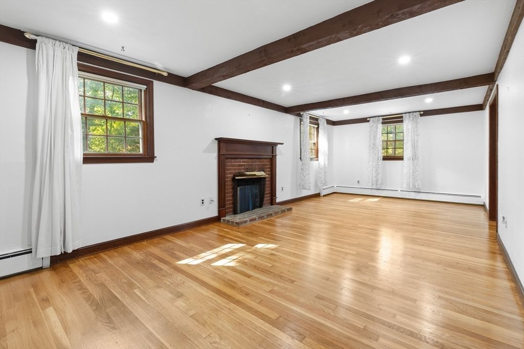 Empty room, Fireplace, Interior, Recessed Lighting, Wooden Beams, Wood Texture Flooring