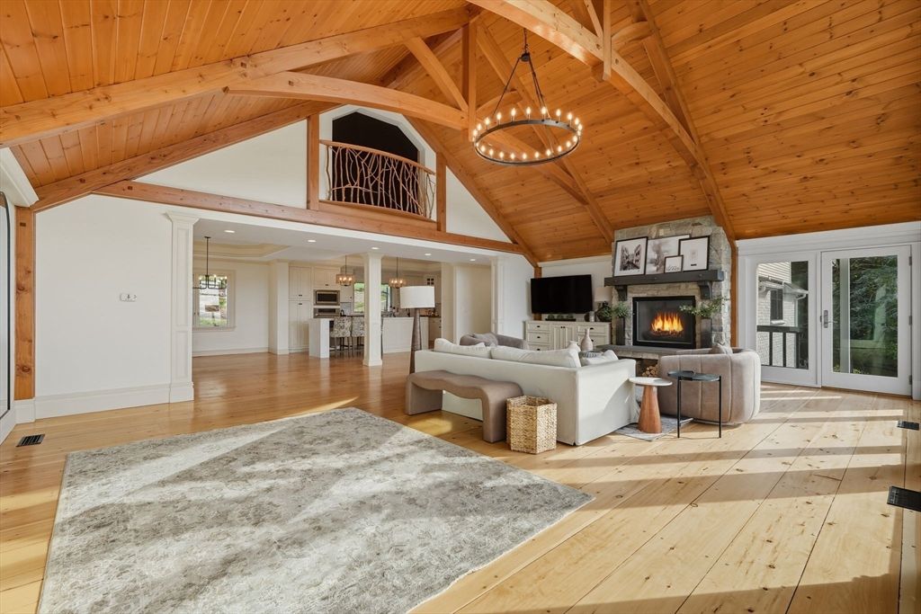 Chandelier, Fireplace, Interior, Living room, Pendant Lights, Recessed Lighting, Wooden Beams, Wooden Ceilings, Wood Texture Flooring