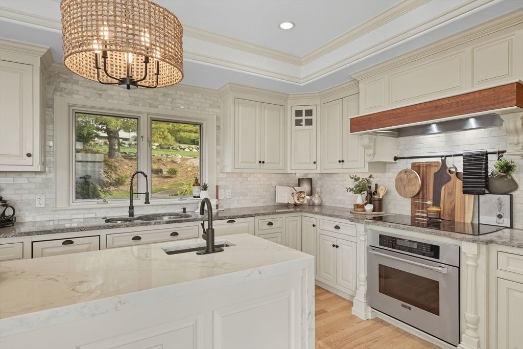 Chandelier, Interior, Kitchen, Recessed Lighting, Stainless Steel Appliances, Wood Texture Flooring