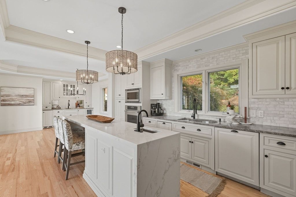 Chandelier, Interior, Kitchen, Pendant Lights, Recessed Lighting, Wood Texture Flooring