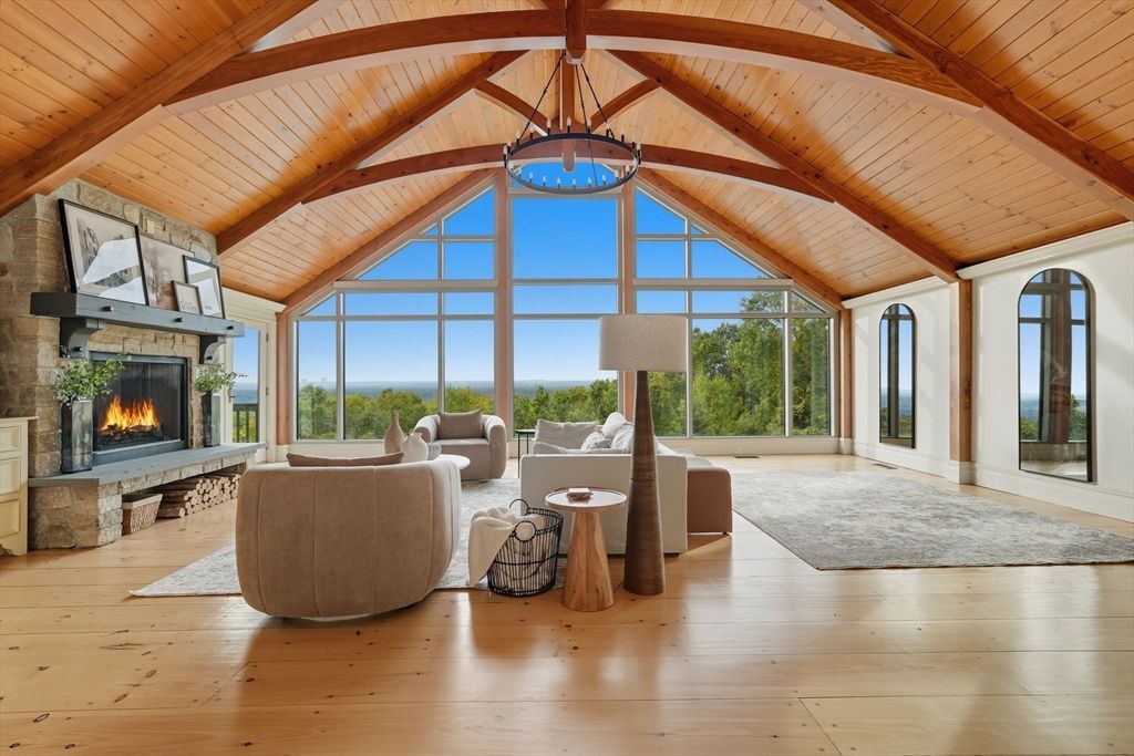 Fireplace, Interior, Living room, Pendant Lights, Wooden Beams, Wooden Ceilings, Wood Texture Flooring