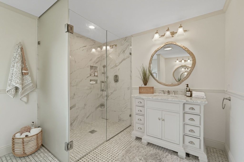 Bathroom, Glass Shower, Interior, Marble Walls, Recessed Lighting
