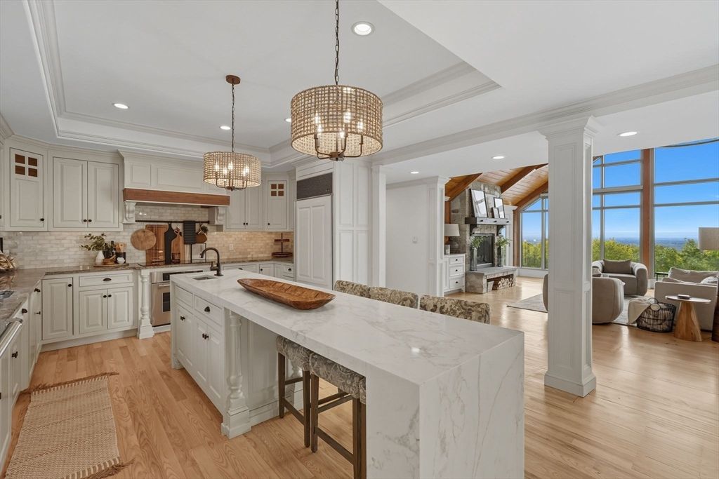 Chandelier, Interior, Kitchen, Living room, Recessed Lighting, Stainless Steel Appliances, Wood Texture Flooring