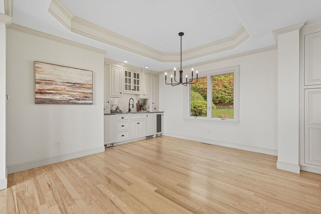 Chandelier, Empty room, Interior, Kitchen, Pendant Lights, Recessed Lighting, Wood Texture Flooring