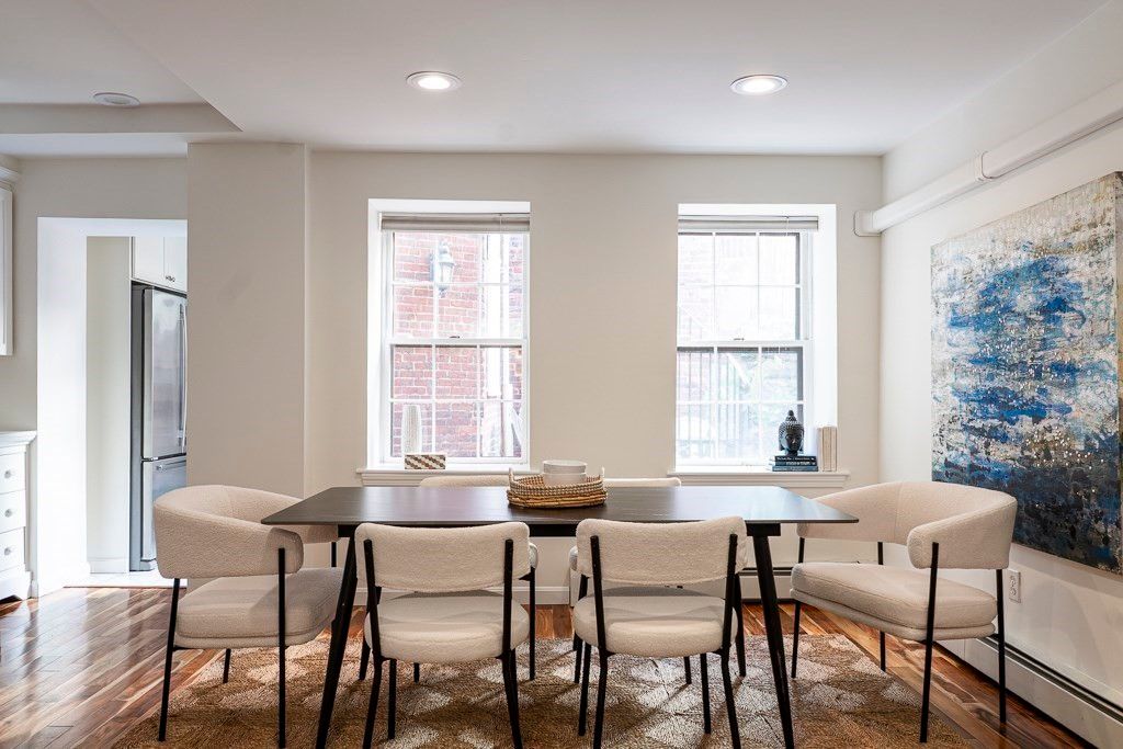 Dining room, Interior, Recessed Lighting, Wood Texture Flooring
