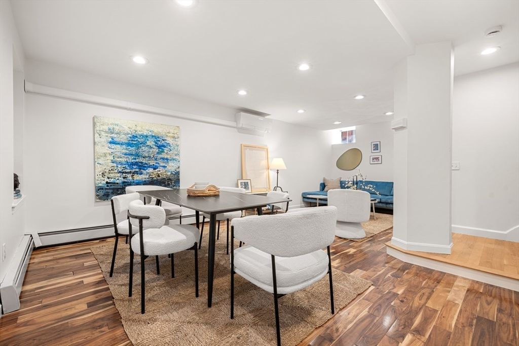 Dining room, Interior, Living room, Recessed Lighting, Wood Texture Flooring