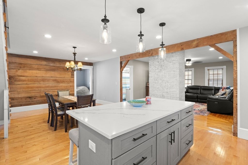 Dining room, Interior, Living room, Pendant Lights, Recessed Lighting, Wooden Beams, Wood Texture Flooring, Wooden Walls