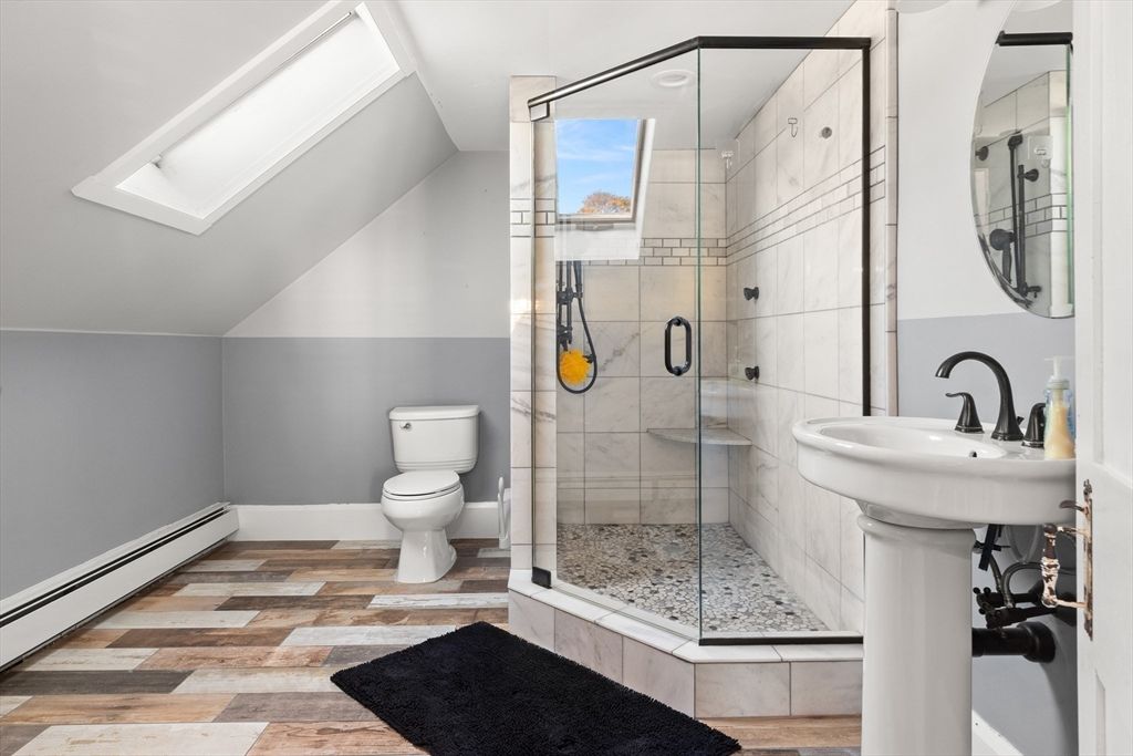 Bathroom, Glass Shower, Interior, Wood Texture Flooring