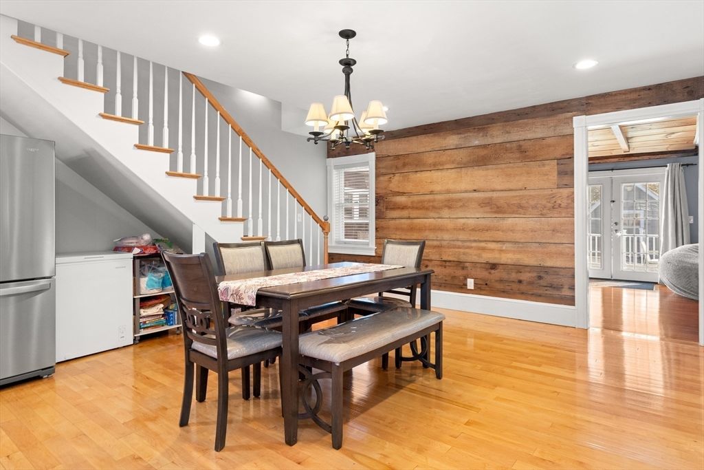 Chandelier, Dining room, Interior, Recessed Lighting, Wood Texture Flooring, Wooden Walls