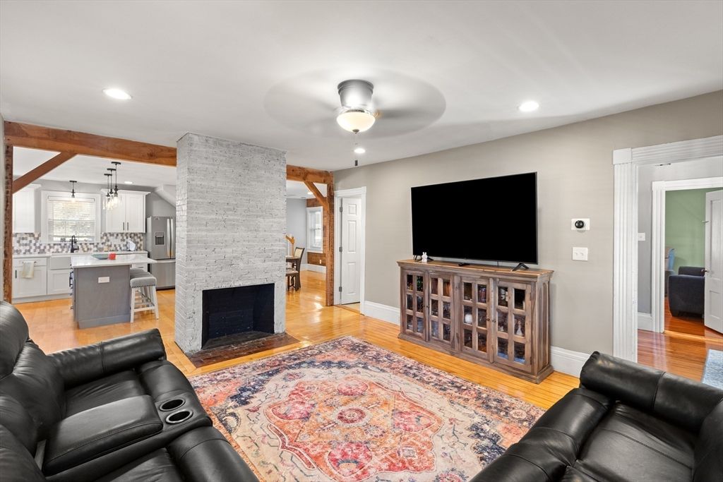 Home Theatre Room, Fireplace, Interior, Kitchen, Living room, Pendant Lights, Recessed Lighting, Stone Walls, Wood Texture Flooring