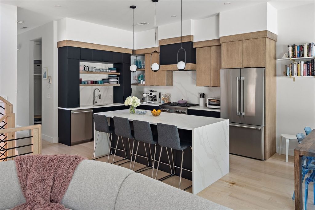 Interior, Kitchen, Pendant Lights, Stainless Steel Appliances, Wood Texture Flooring