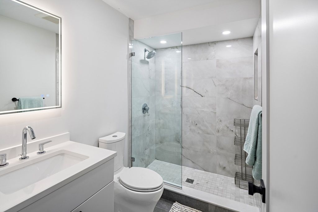 Bathroom, Glass Shower, Interior, Marble Walls, Recessed Lighting