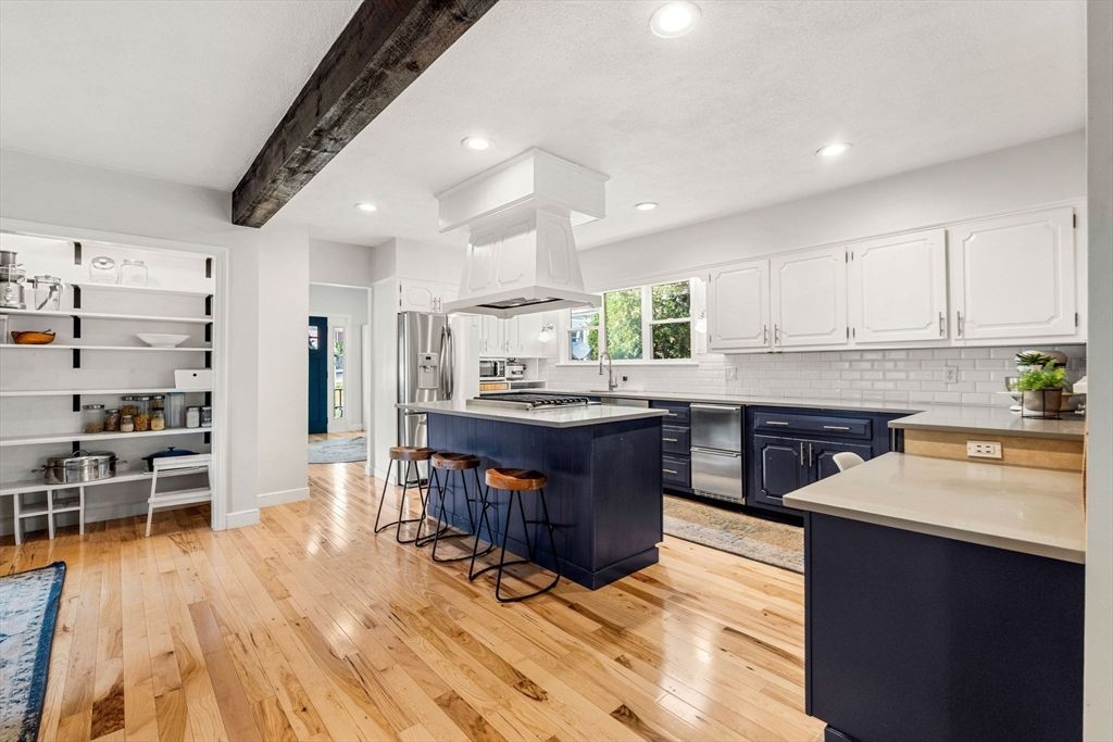 Interior, Kitchen, Recessed Lighting, Stainless Steel Appliances, Wooden Beams, Wood Texture Flooring