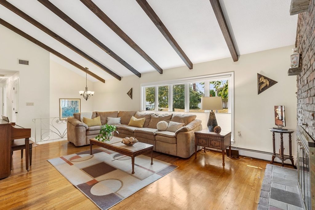 Chandelier, Interior, Living room, Piano, Stone Walls, Wooden Beams, Wood Texture Flooring