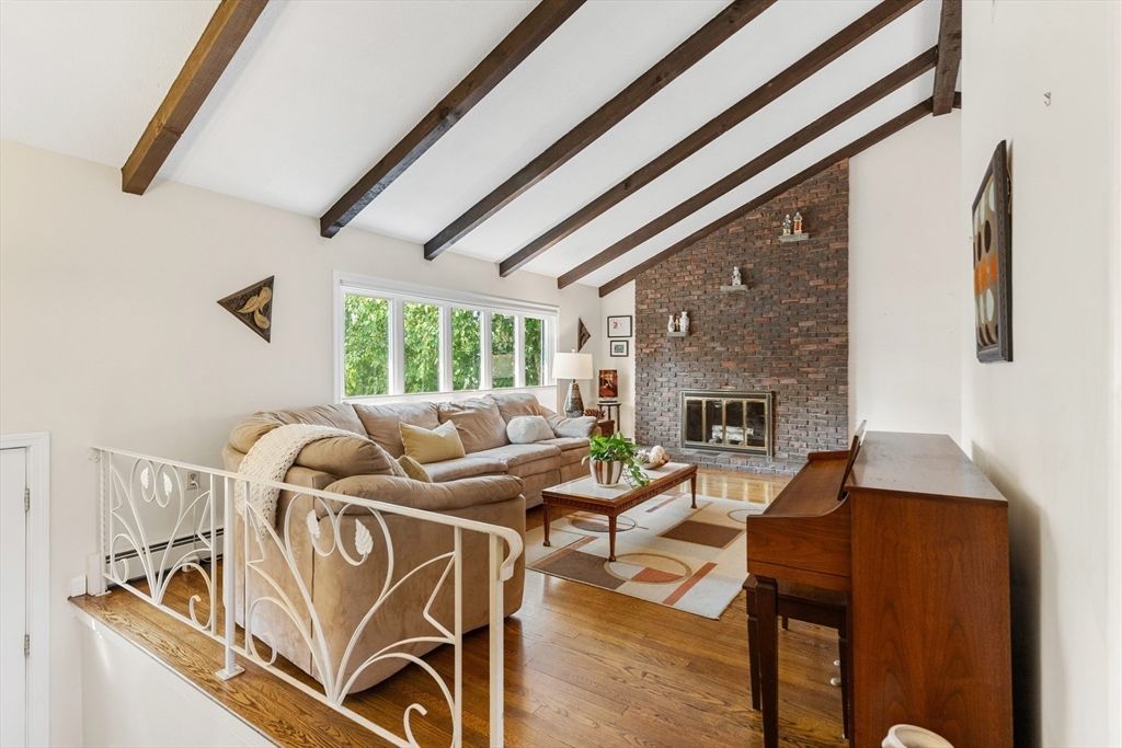 Fireplace, Interior, Living room, Piano, Stone Walls, Wooden Beams, Wood Texture Flooring