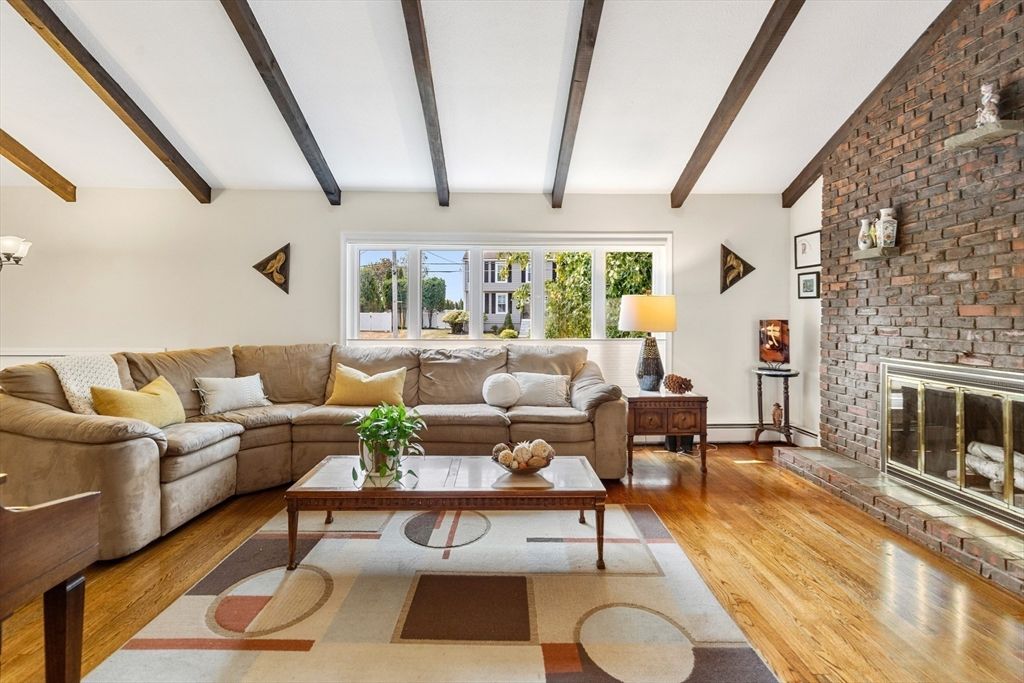 Fireplace, Interior, Living room, Stone Walls, Wooden Beams, Wood Texture Flooring