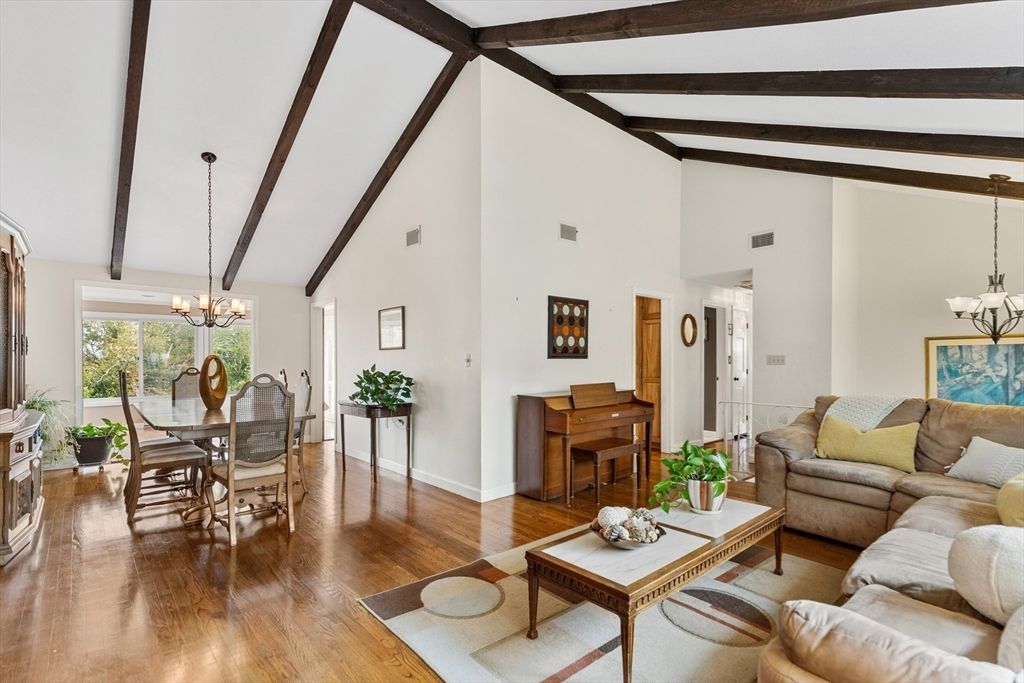 Chandelier, Dining room, Interior, Living room, Piano, Wooden Beams, Wood Texture Flooring