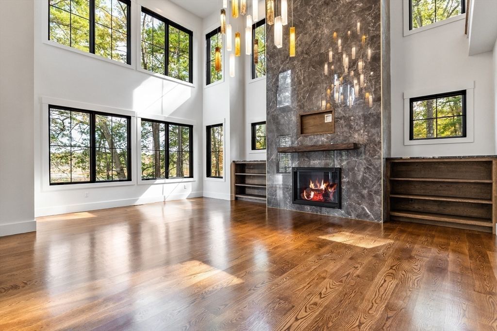 Fireplace, Interior, Pendant Lights, Wood Texture Flooring