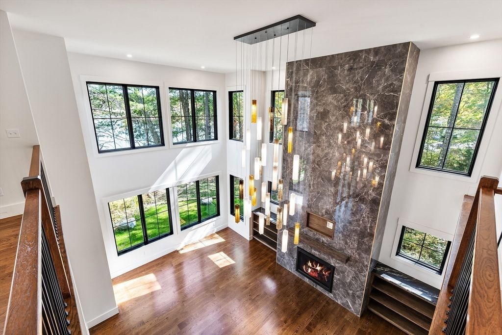 Fireplace, Interior, Pendant Lights, Recessed Lighting, Wood Texture Flooring