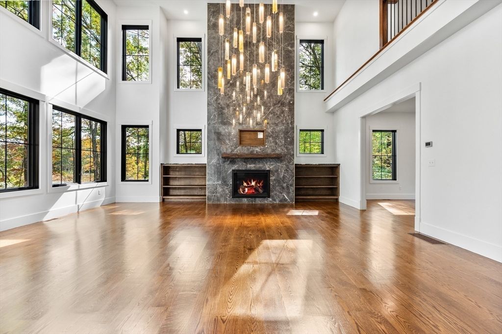 Fireplace, Interior, Pendant Lights, Recessed Lighting, Wood Texture Flooring