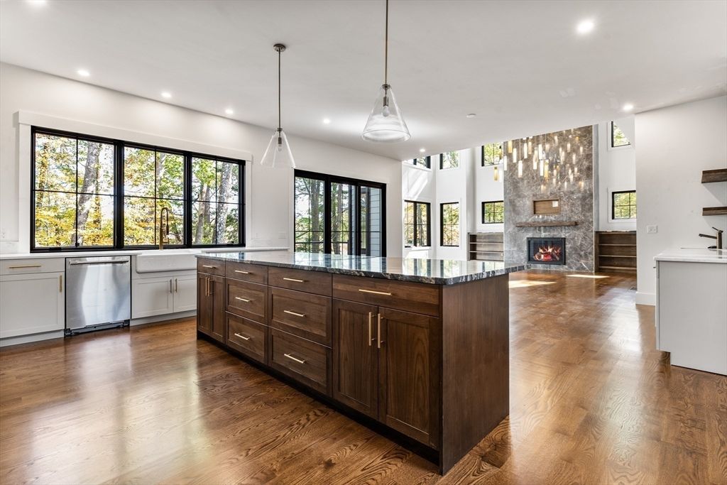 Fireplace, Interior, Kitchen, Pendant Lights, Recessed Lighting, Stainless Steel Appliances, Wood Texture Flooring