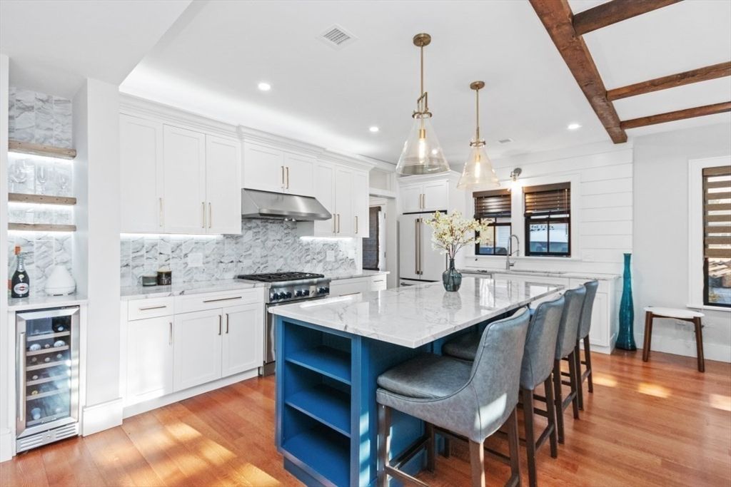 Interior, Kitchen, Pendant Lights, Recessed Lighting, Stainless Steel Appliances, Wooden Beams, Wood Texture Flooring