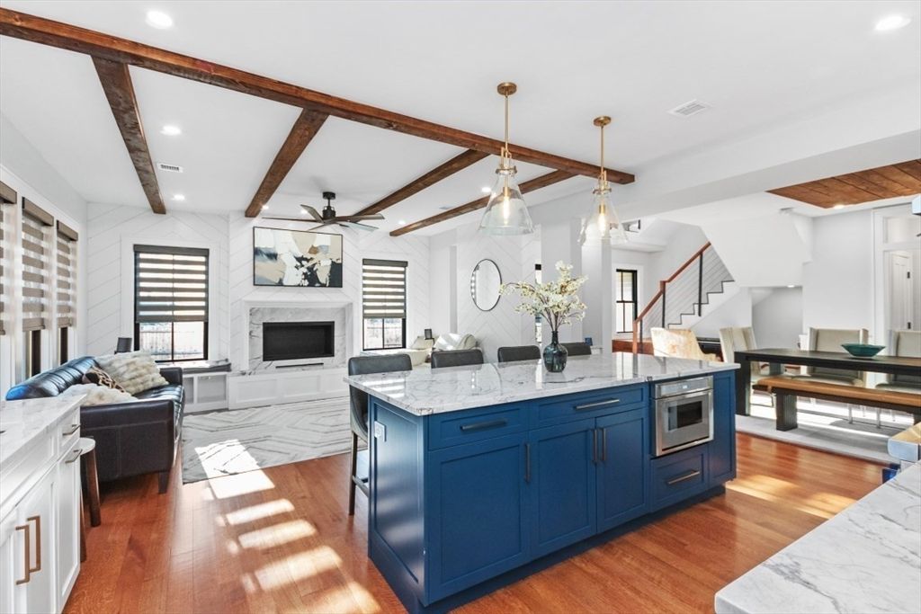 Dining room, Fireplace, Interior, Kitchen, Living room, Pendant Lights, Recessed Lighting, Wooden Beams, Wood Texture Flooring