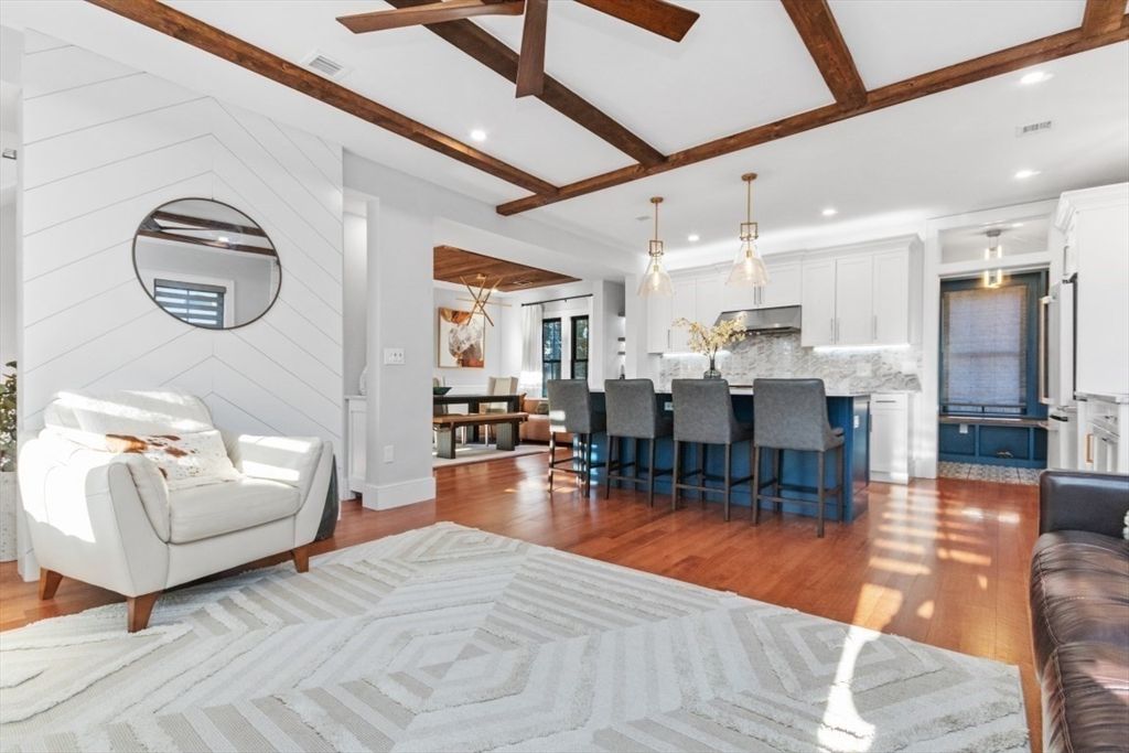 Interior, Kitchen, Pendant Lights, Recessed Lighting, Stainless Steel Appliances, Wooden Beams, Wood Texture Flooring