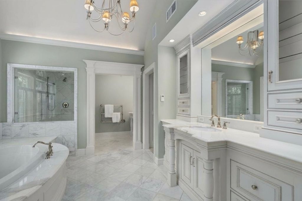Bathroom, Bedroom, Chandelier, Dual Sink Vanities, Glass Shower, Interior, Marble, Marble Walls, Recessed Lighting