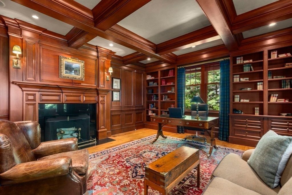 Fireplace, Home Office, Interior, Recessed Lighting, Wooden Beams, Wood Texture Flooring, Wooden Walls