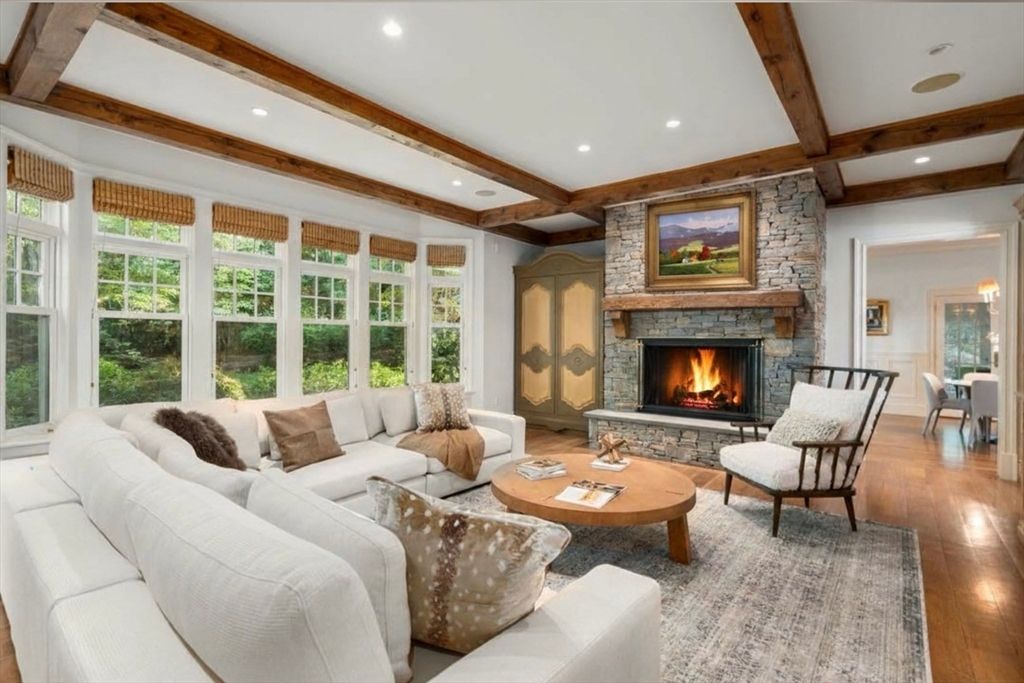 Fireplace, Interior, Living room, Recessed Lighting, Stone Walls, Wooden Beams, Wood Texture Flooring