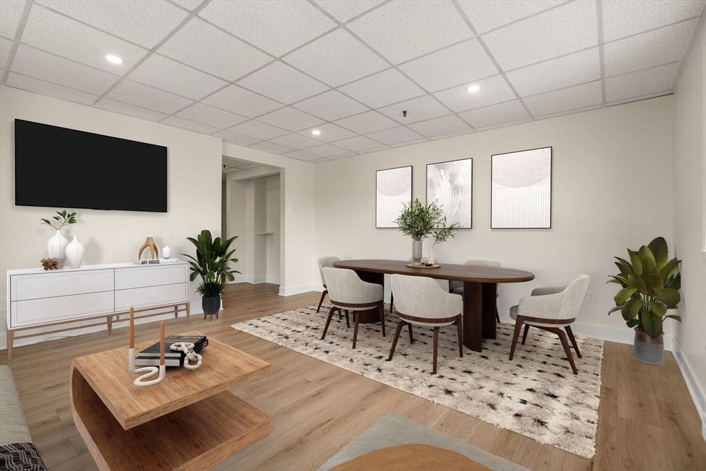 Dining room, Interior, Recessed Lighting, Wood Texture Flooring