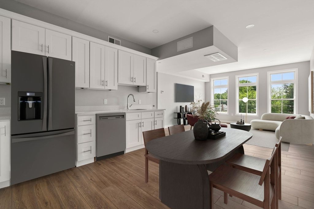 Dining room, Interior, Kitchen, Living room, Recessed Lighting, Wood Texture Flooring