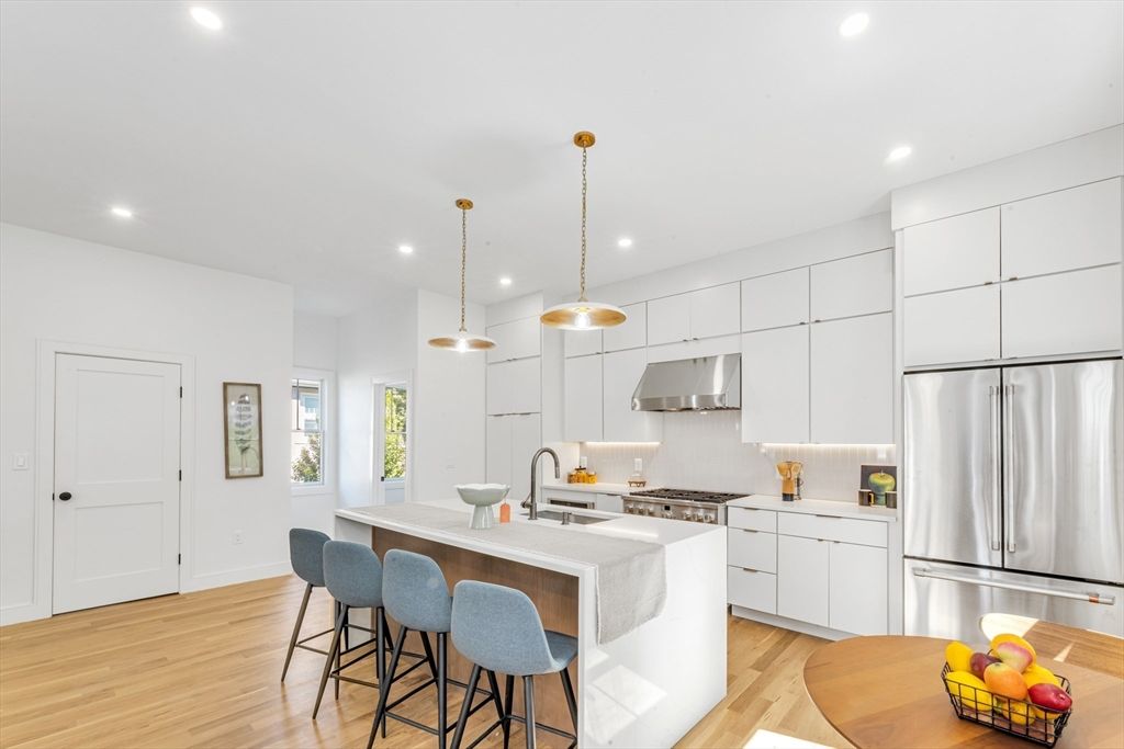 Interior, Kitchen, Pendant Lights, Recessed Lighting, Stainless Steel Appliances, Wood Texture Flooring