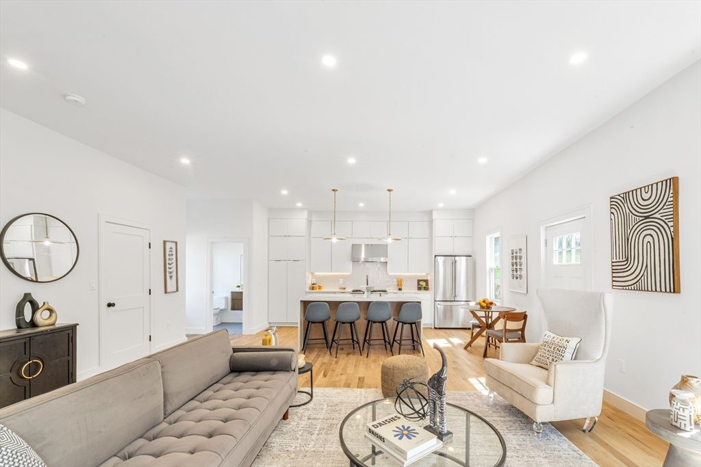 Interior, Kitchen, Living room, Pendant Lights, Recessed Lighting, Stainless Steel Appliances, Wood Texture Flooring