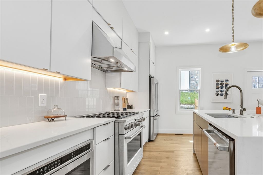 Interior, Kitchen, Pendant Lights, Recessed Lighting, Stainless Steel Appliances, Wood Texture Flooring