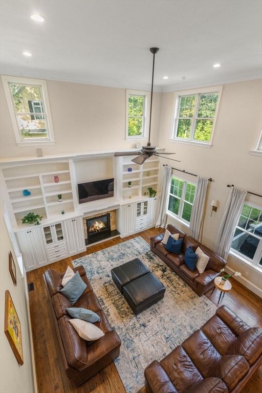 Fireplace, Interior, Living room, Recessed Lighting, Wood Texture Flooring