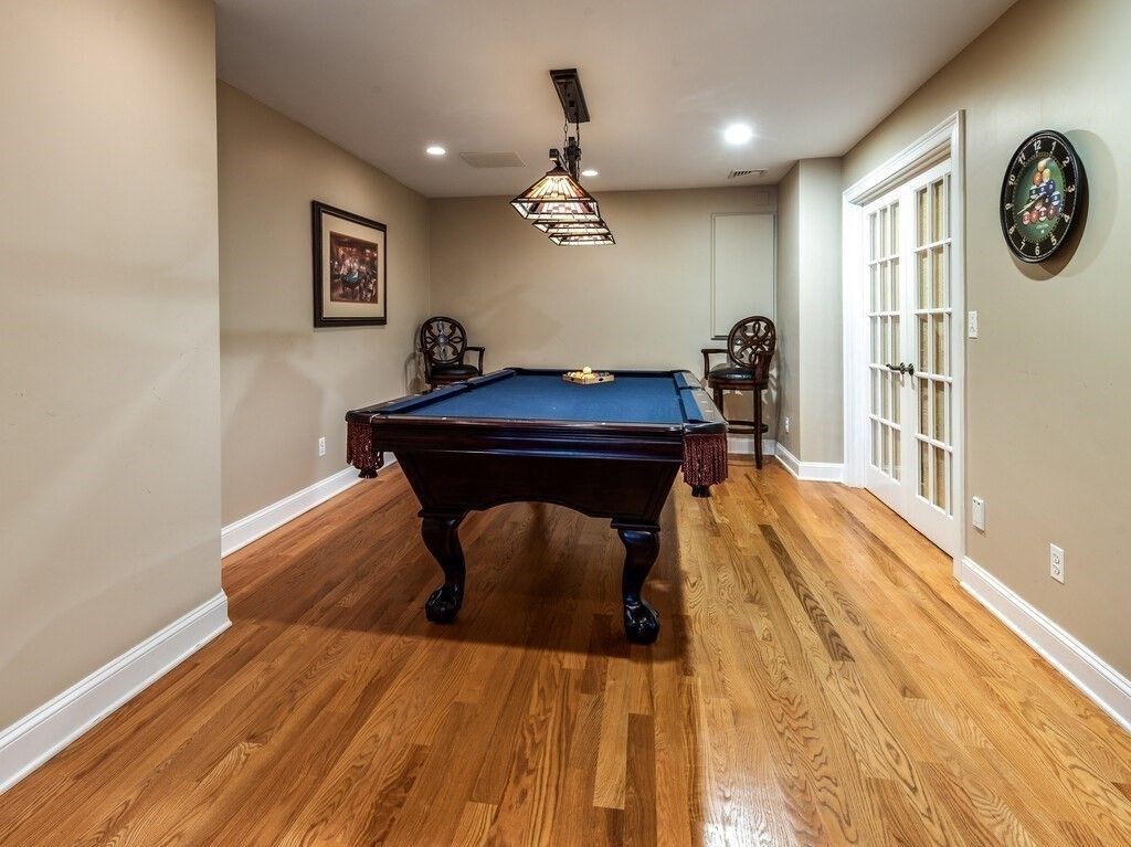 Billiard Table, Game Room, Interior, Pendant Lights, Recessed Lighting, Wood Texture Flooring