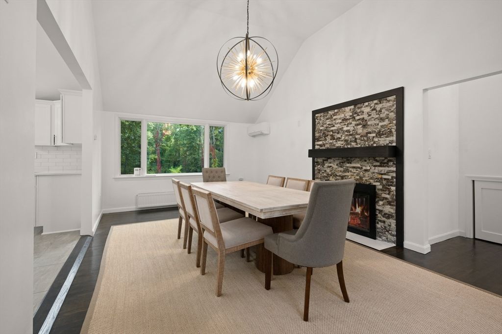 Dining room, Fireplace, Interior, Pendant Lights, Wood Texture Flooring