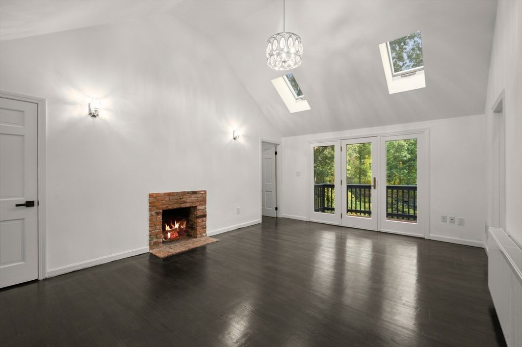 Empty room, Fireplace, Interior, Pendant Lights, Wood Texture Flooring