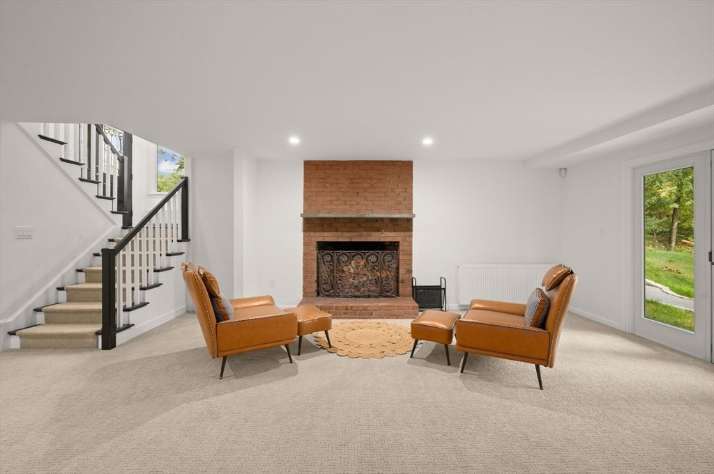 Fireplace, Interior, Living room, Recessed Lighting, Stone Walls