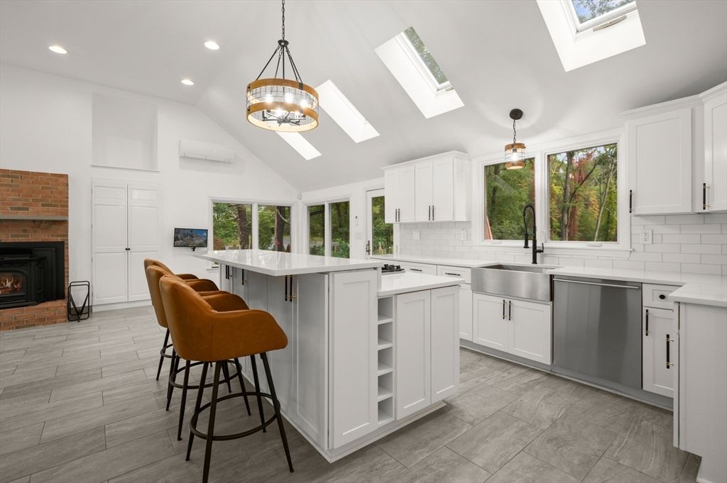 Fireplace, Interior, Kitchen, Pendant Lights, Recessed Lighting, Stone Walls, Wood Texture Flooring