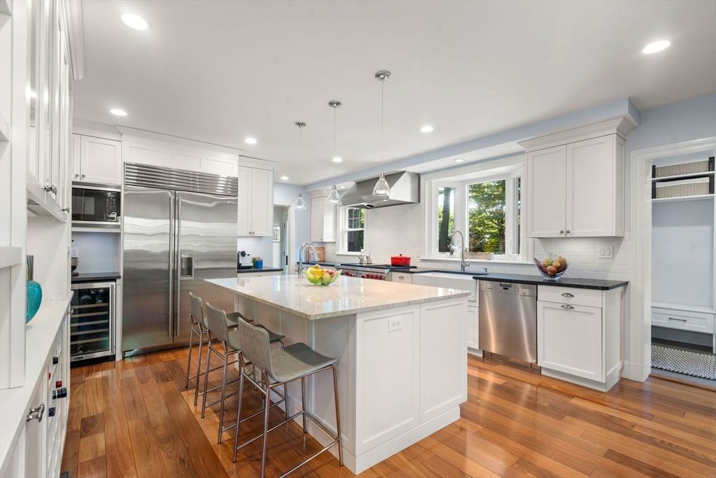 Interior, Kitchen, Pendant Lights, Recessed Lighting, Stainless Steel Appliances, Wood Texture Flooring
