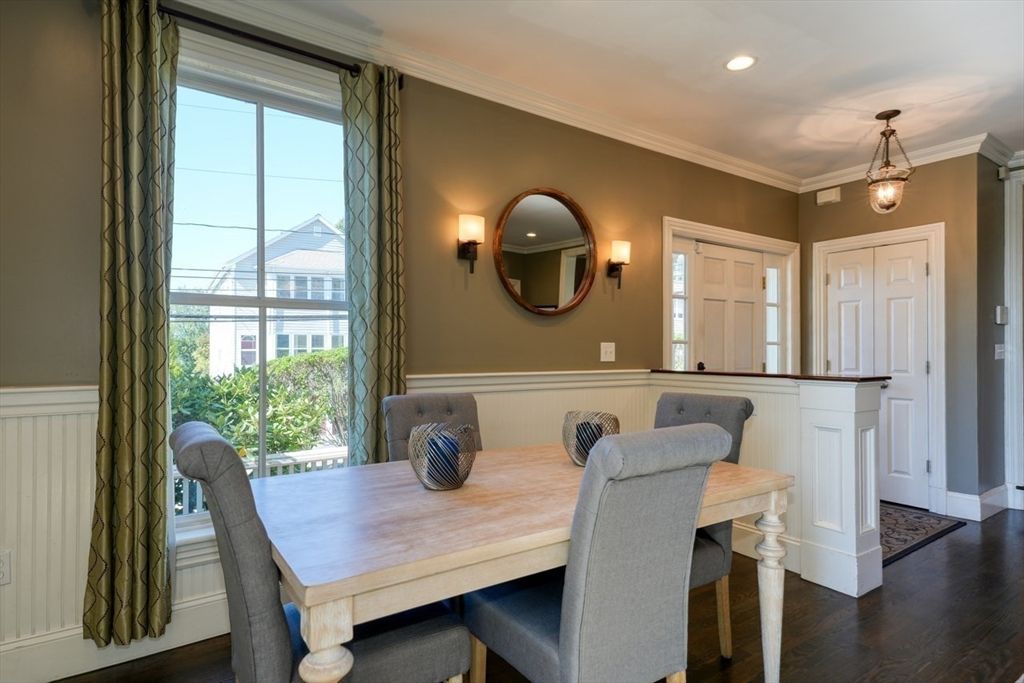 Dining room, Interior, Pendant Lights, Recessed Lighting, Wood Texture Flooring