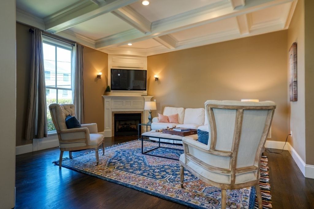 Fireplace, Interior, Living room, Recessed Lighting, Wood Texture Flooring