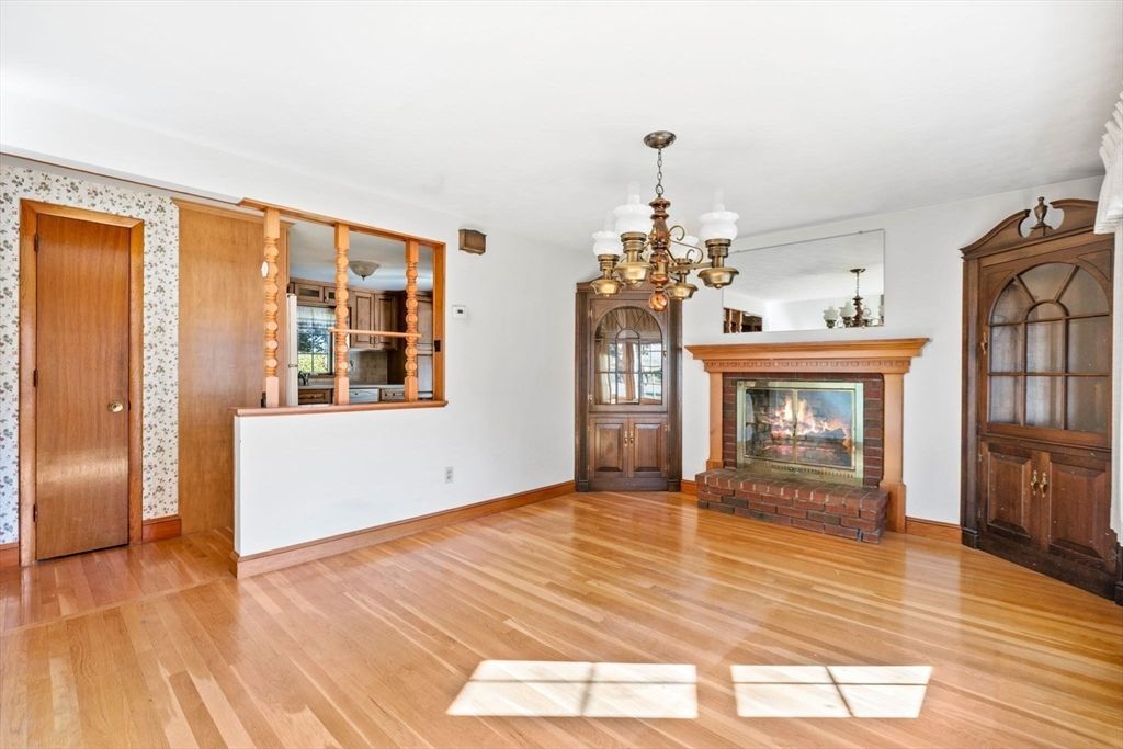 Chandelier, Empty room, Fireplace, Interior, Wood Texture Flooring