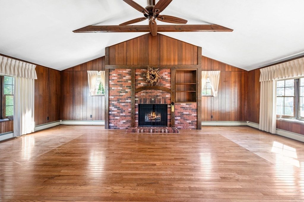 Empty room, Fireplace, Interior, Wooden Beams, Wood Texture Flooring, Wooden Walls